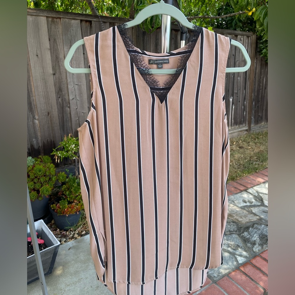 Adrianna Papell Tan and Black Striped Tank Top